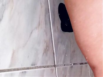 Slutty Karina playing with BBC dildo while cuckold husband lucas are working, masturbation in the bathroom